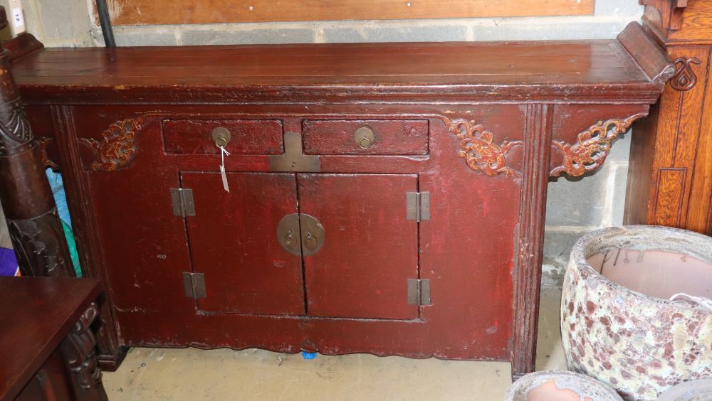 A Chinese painted side cabinet, W.180cm, D.44cm, H.92cm